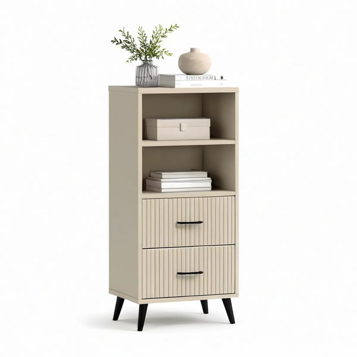 Wąski kredens 60 x 35 x 120 cm z 2 szufladami i 2 otwartymi półkami, kremowo-czarny