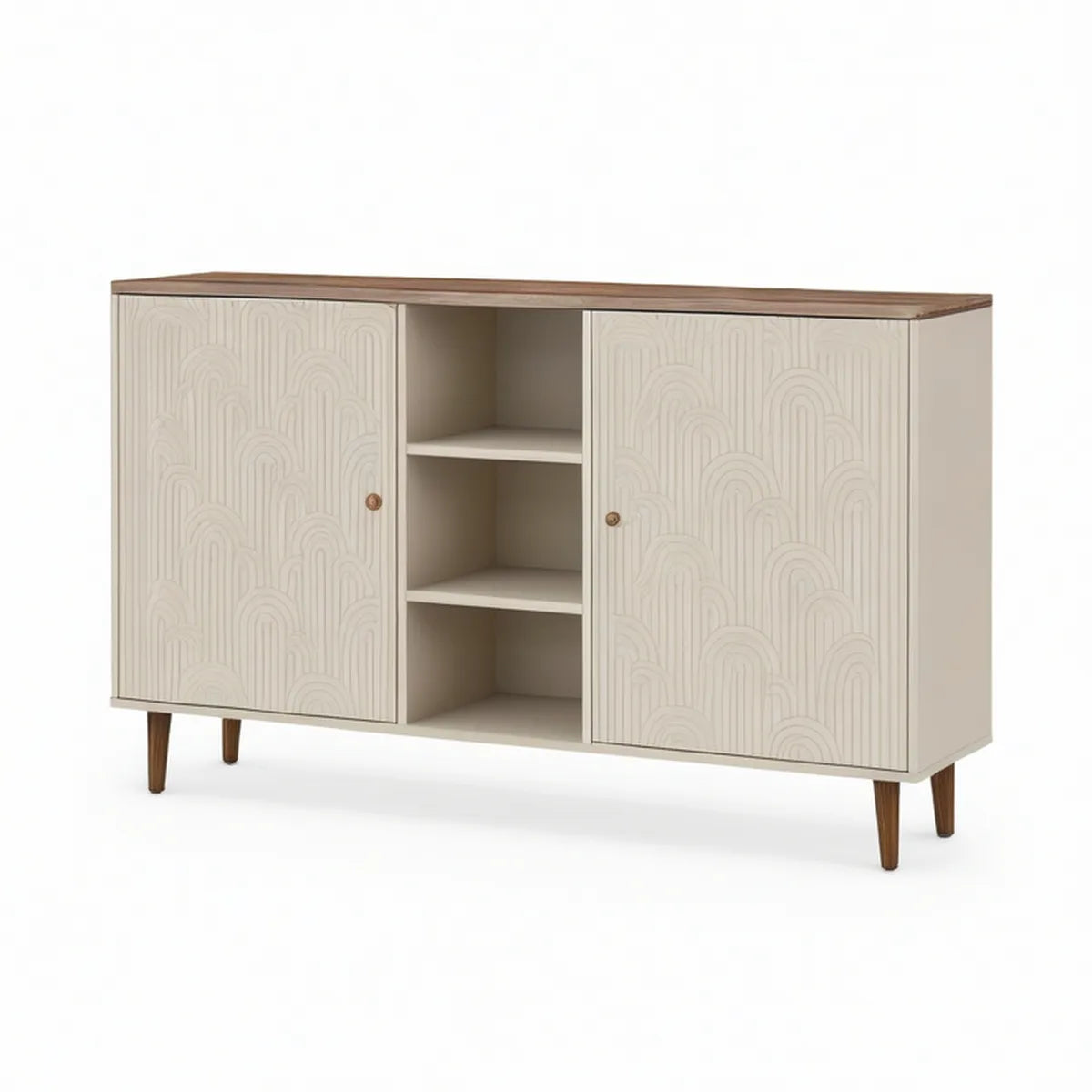 Kredens retro 160 x 40 x 90 cm kremowo-orzechowy z frezowanymi frontami