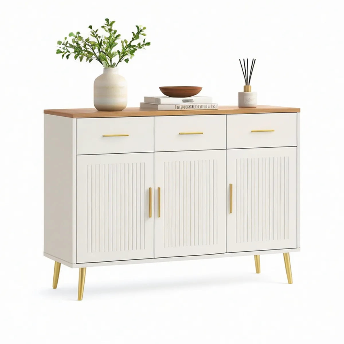 Biały kredens MDF z 3 szufladami i 3 drzwiami, blat w kolorze naturalnego dębu, 120 x 40 x 90 cm