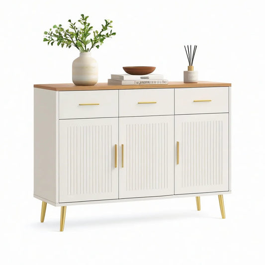 Biały kredens MDF z 3 szufladami i 3 drzwiami, blat w kolorze naturalnego dębu, 120 x 40 x 90 cm