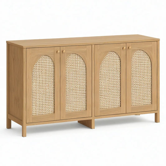 Kredens czterodrzwiowy 160 x 40 x 85 cm z MDF, forniru dębowego i naturalnego rattanu, jasny dąb