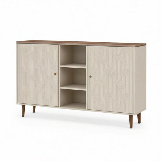 Kredens retro 160 x 40 x 90 cm kremowo-orzechowy z frezowanymi frontami