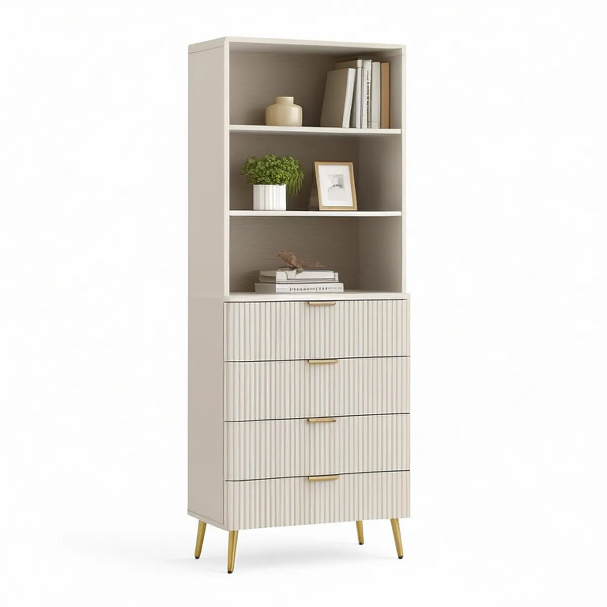 Beżowy kredens MDF z 4 szufladami i 3 otwartymi półkami, 80 × 40 × 190 cm